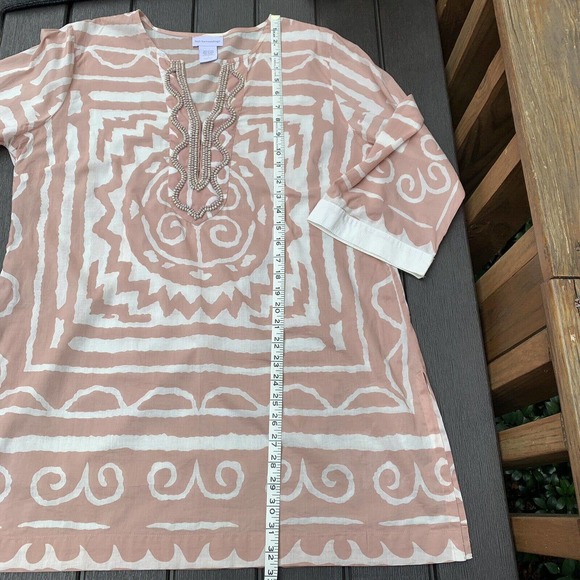 Soft Surroundings Pink White Tribal Top Tunic Cover Up Beaded Hook Closure Large - Picture 6 of 8